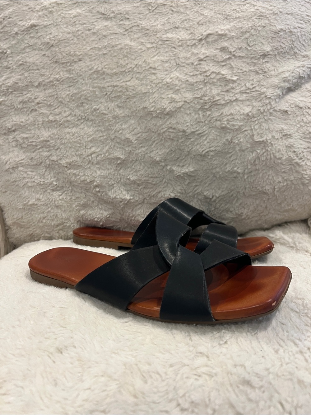 Black Leather Slide Sandals